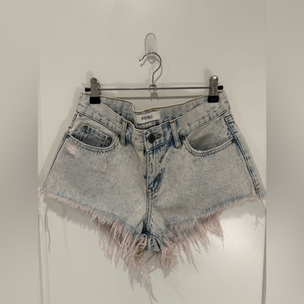 Pistola Women’s Light Wash Pink Raw Hem Distressed Denim Shorts Size 27